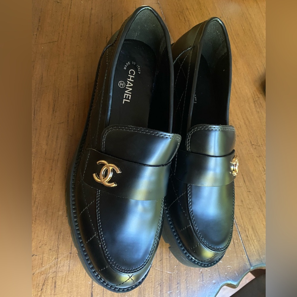 CHANEL STYLE Black Loafers with Gold Emblem
